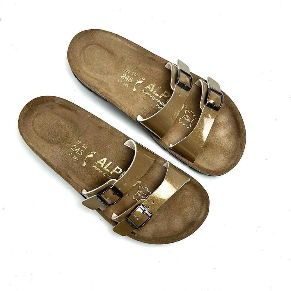 NWB Birkenstock Alpro Slide Sandals Double Strap Slides Sparkle Oro EUR 38 US 7
